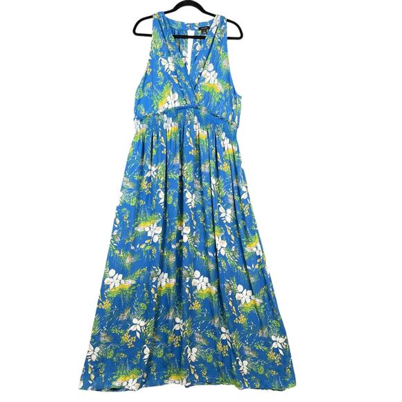 Halogen Womens Faux Wrap Dress Plus Sie 2X Blue Floral Sleeveless V Neck Smocked - Picture 1 of 11
